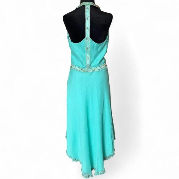 Laundry by Shelli Segal Silk Aqua Beaded Halter Dress Size 4 Bias Cut - Picture 3 of 8